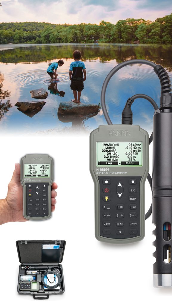 A promotional collage for the Hanna HI98194 Multiparameter meter. The top background shows two children playing on rocks in a scenic lake at sunset. The foreground displays a large, detailed shot of the gray handheld meter and its black cylindrical probe. Smaller inset images show a hand holding the device in use, and the complete product kit neatly organized inside an open black hard carrying case.