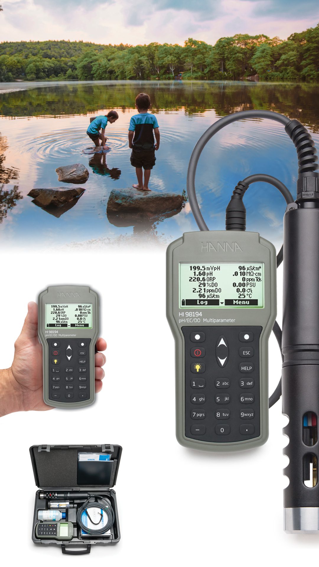 A light blue Hanna Instruments HI83300 Multiparameter Photometer on a white background. The laboratory device features a main console with a digital display and keypad, alongside a built-in articulated arm that suspends a sensor probe into a glass beaker filled with clear liquid.