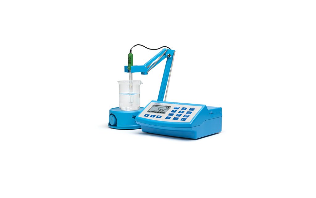 A light blue Hanna Instruments HI83300 Multiparameter Photometer on a white background. The laboratory device features a main console with a digital display and keypad, alongside a built-in articulated arm that suspends a sensor probe into a glass beaker filled with clear liquid.